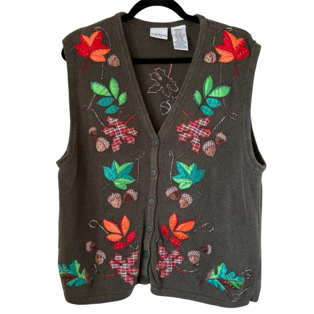 Vintage Granniecore‎ Fall Leaves Knit Sweater Vest Button Front Bobbie Brooks 14